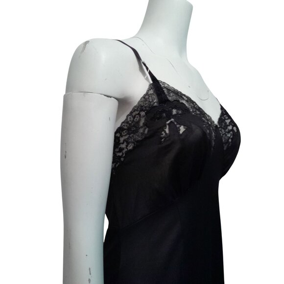 Vintage 50s Silky Nylon Lace Accent Pin Up Full Dress Sz 36 Slip Dark Choc Brown - Picture 1 of 11